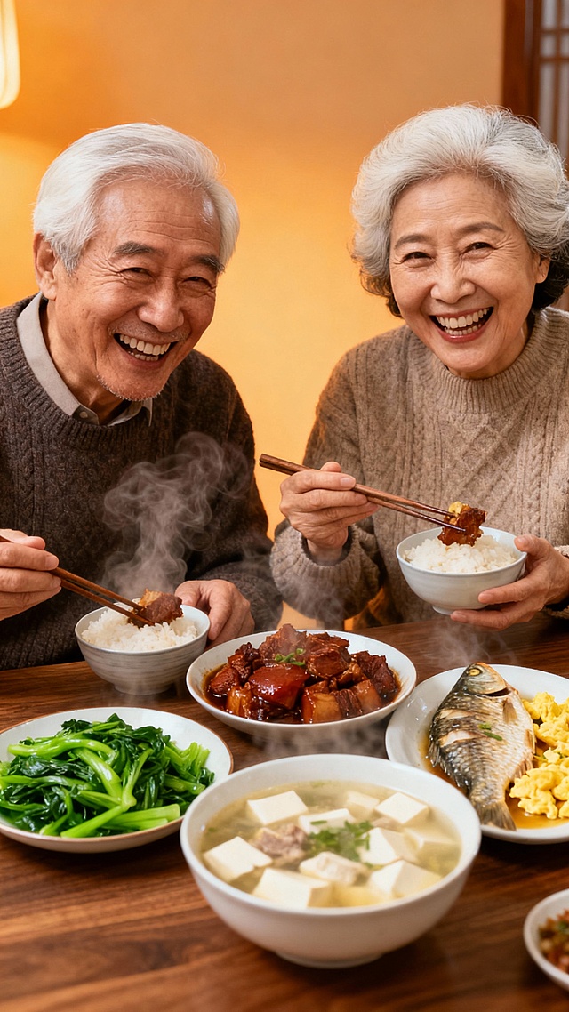 请重新优化一下图片，桌面上的菜不要重复，两位老人的牙齿不要太白，正常色调就可以