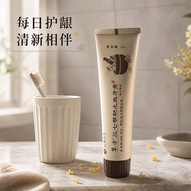 [主图-5 使用场景详情图] 草方三七帮助止血牙膏150g（桂花香型），浴室洗漱场景详情图。
[统一基调] 高端中式草本风格，米白浅米色主背景，深棕赭石标题字，桂花金点缀色，细衬线字体，中式回纹细边框元素，京东简洁稳重质感，文字占比小于30%。
[画面] 牙膏管放在画面中央偏右的大理石洗手台面上，占画面约40%，产品外观与输入图完全一致。旁边搭配一个简约白色陶瓷漱口杯（无品牌标识）和一支素色牙刷（仅刷头部分可见，无品牌），背景是模糊的浅灰色浴室瓷砖墙，有柔和的自然光从左侧窗户照入，营造清晨洗漱的温馨场景。台面上有几片新鲜桂花花瓣作为点缀。画面左上角放标题"每日护龈 清新相伴"。整体氛围干净、温馨、有生活感。
[光影质感] 生活方式摄影质感，自然侧光，产品在台面上有真实的接触阴影和环境反光，背景虚化突出主体，整体温暖明亮。
[配色] 米白大理石台面，浅灰背景墙，深棕标题字，桂花花瓣米黄色点缀，整体暖调温馨。
[文字版式] 细衬线字体，左上角标题大号粗体深棕色，文字横排，放在左上角负空间，不遮挡产品主体。
[输出要求] 1:1正方形，2048x2048，产品清晰，场景自然融合。禁止出现：第二件、半件、一瓶即净、一瓶搞定、保证、根治、加赠、赠品、最、第一、100%、京东Logo、水印、其他品牌产品、人物面部。