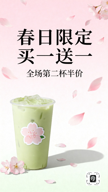 春日奶茶店促销海报，整体风格清新治愈，主色调为淡绿色和浅粉色，粉色占比更多，画面添加樱花元素，主标题文字是"春日限定买一送一"，副标题文字是"全场第二杯半价"，简约排版，高清商用预览效果