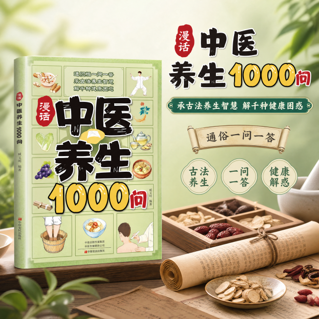 传统国风中医养生书籍宣传海报，画面比例1:1，书籍放在左侧，保持书上原有文字和排版不变，100%还原上传书籍封面的外形、包装、LOGO、印刷文字，完整保留原图轮廓、比例、颜色，右侧搭配适配的中医养生装预览效果