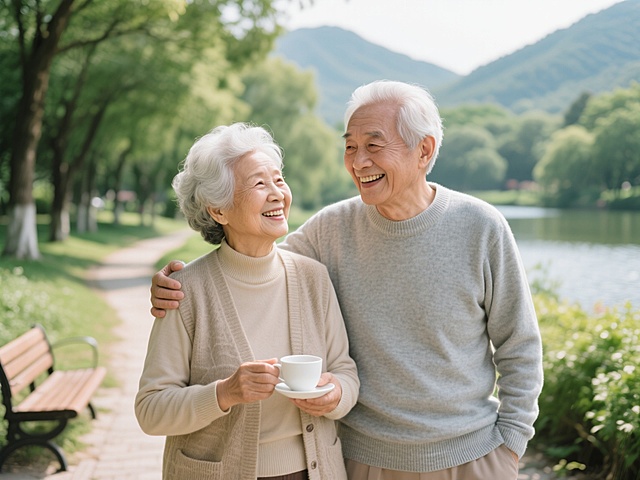 一对头发花白的老年夫妇在不同的户外场景中温馨互动的画面，背景可以是公园的林荫道、湖边的长椅、山间的小径或宁静的花园等。两位老人面带温暖灿烂的笑容，神情愉悦自然，老爷爷穿着浅灰色的长袖针织衫，老奶奶穿着米色的高领内搭和同色系的开衫马甲，老奶奶手中捧着一个白色的茶杯，老爷爷的手臂亲切地搭在老奶奶的肩上，两人姿态亲密和谐。画面整体采用写实风格，光线明亮柔和，以自然光为主，呈现出温暖的色调，绿色的植物背景郁郁葱葱，充满生机，营造出宁静、幸福、安逸的氛围，整体构图清晰，主体突出，细节丰富，具有生活气息和情感温度。