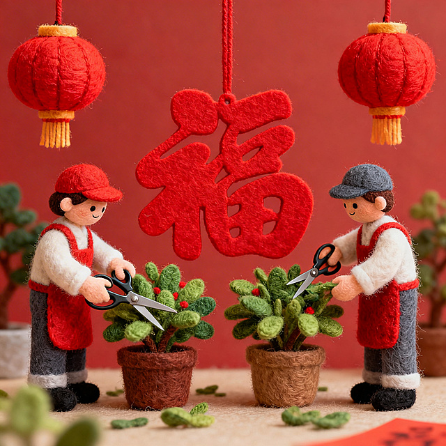 毛毡风格，春节期间，两位园丁修剪绿植，中间有红色福字，旁有红灯笼