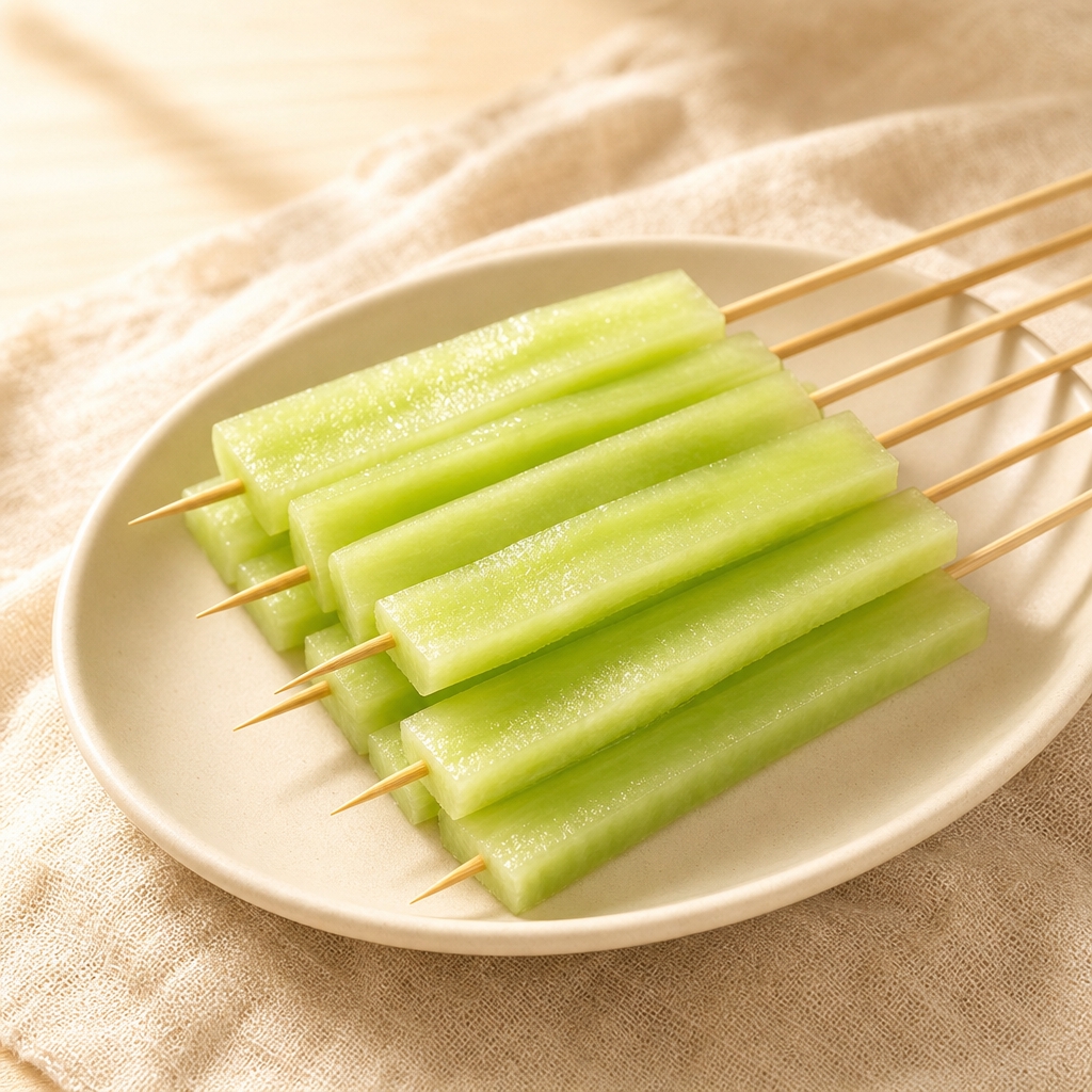 参考暖米色光影背景风格优化青瓜条串：保留淡绿色脆嫩蔬菜条、表面… - 图片创意预览