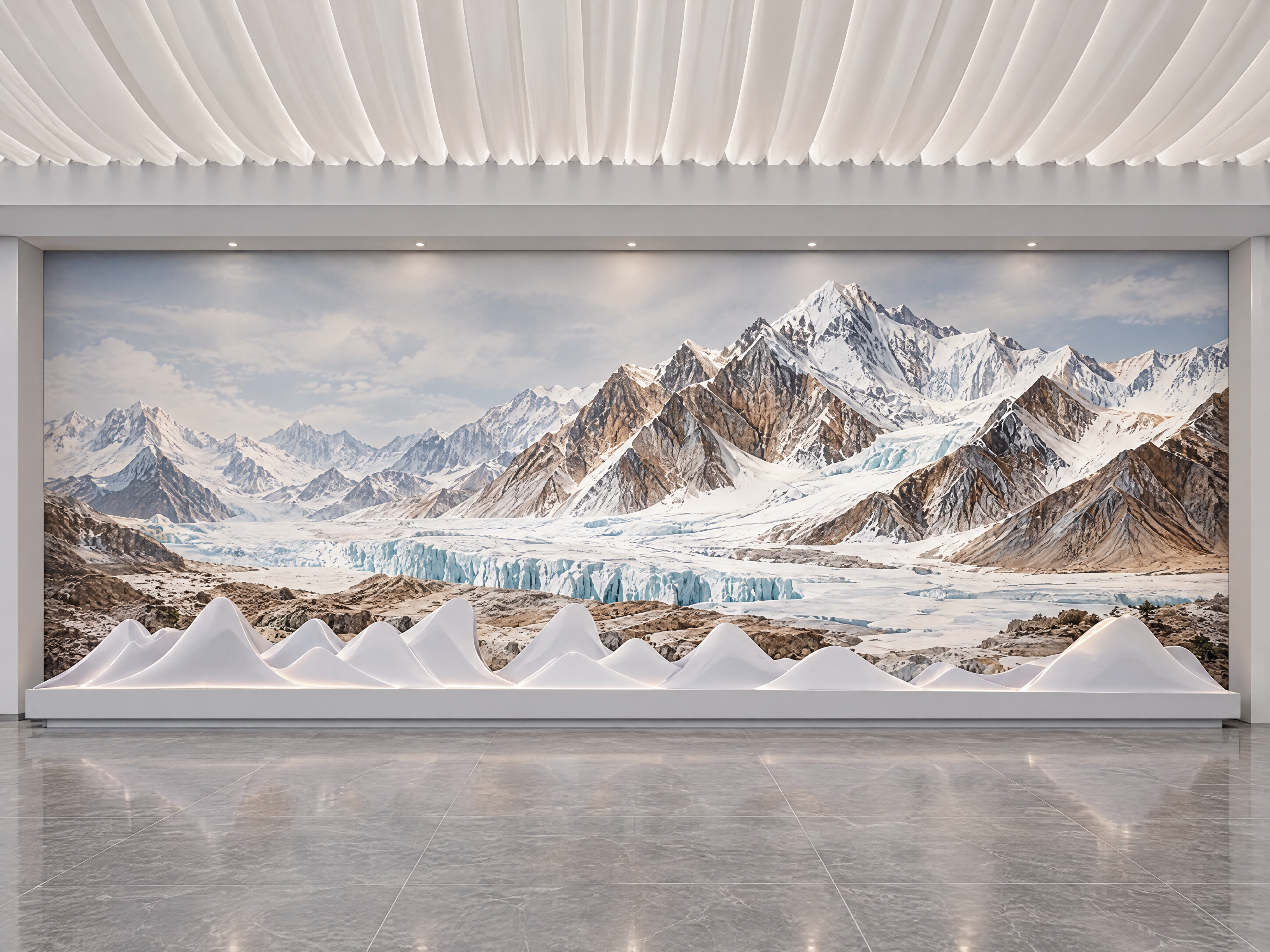 基于参考图中的雪山主题墙设计，生成正视视角的效果图。画面为正前… - 图片创意预览