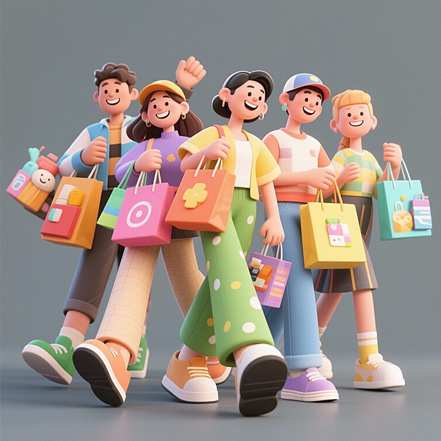 纯灰色背景，一群拿着购物袋的男女