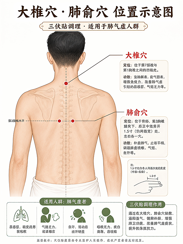 中医穴位示意图，展示大椎穴和肺俞穴在人体后背的具体位置，标注穴位名称，说明适用于肺气虚人群三伏贴调理，风格简洁清晰，医疗科普插画风格