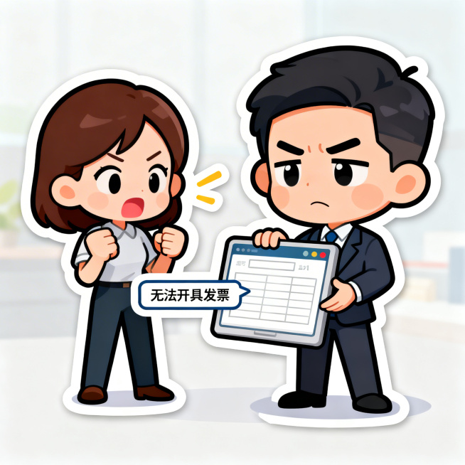 卡通风格贴纸，1:1比例，画面展示公司财务拿着空白的开票软件弹出「无法开具发票」的提示，旁边的客户在一旁催要发票，财务一脸为难，Q版卡通风格，线条圆润，色彩明亮，背景简洁预览效果