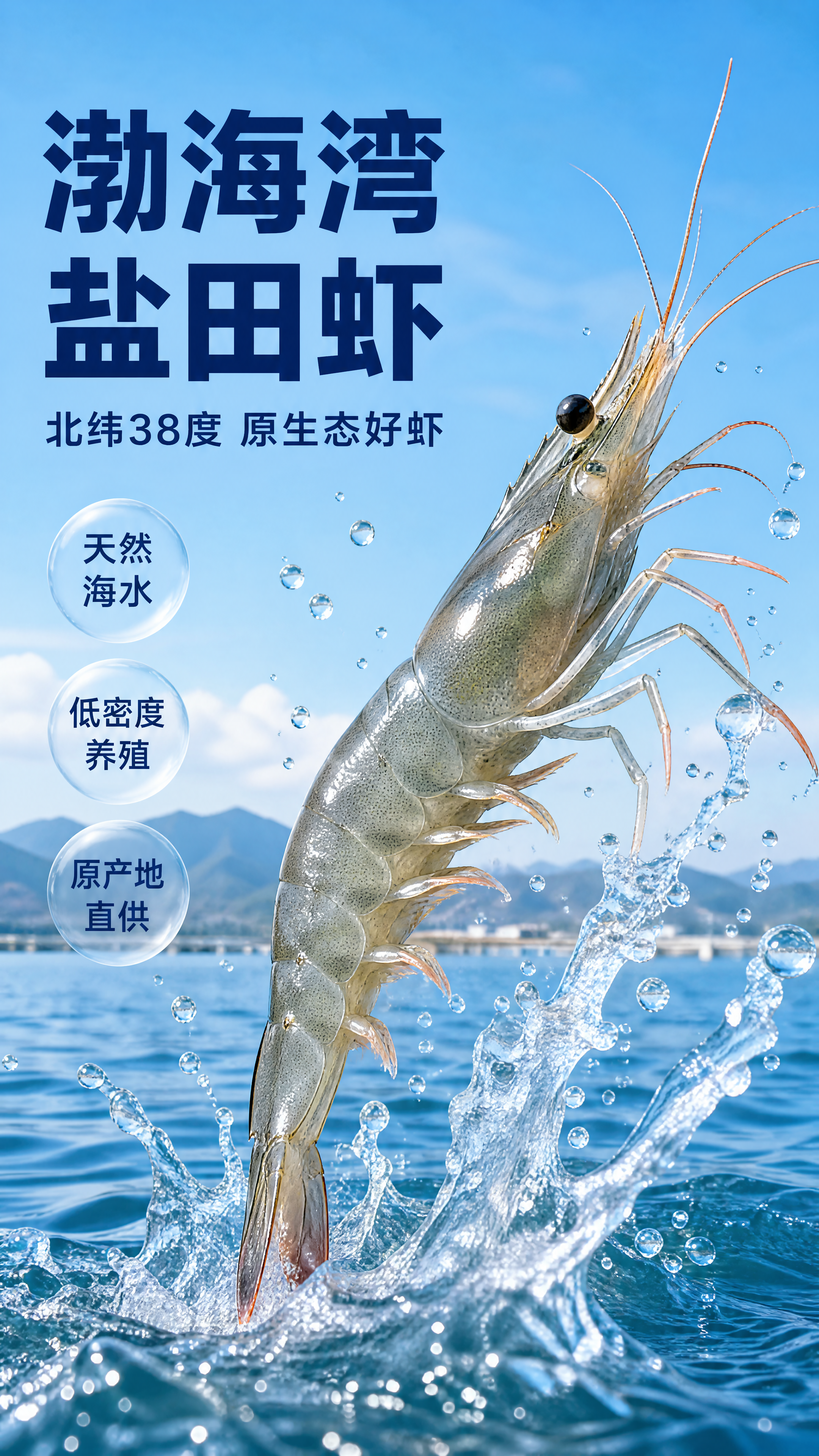电商详情页头图海报，渤海湾盐田虾。 画面与原图完全一致：蓝天碧… - 图片创意预览