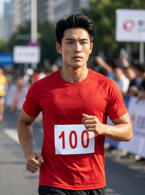 【主体保护指令】请保持参考图 1 中【号码布】的款式、颜色、材质、形态、标识、细节纹理 与原图一致，不做改动或再创作。画面其余元素（模特、场景、光影、构图）按后续描述生成。
高清商业摄影，马拉松跑步比预览效果