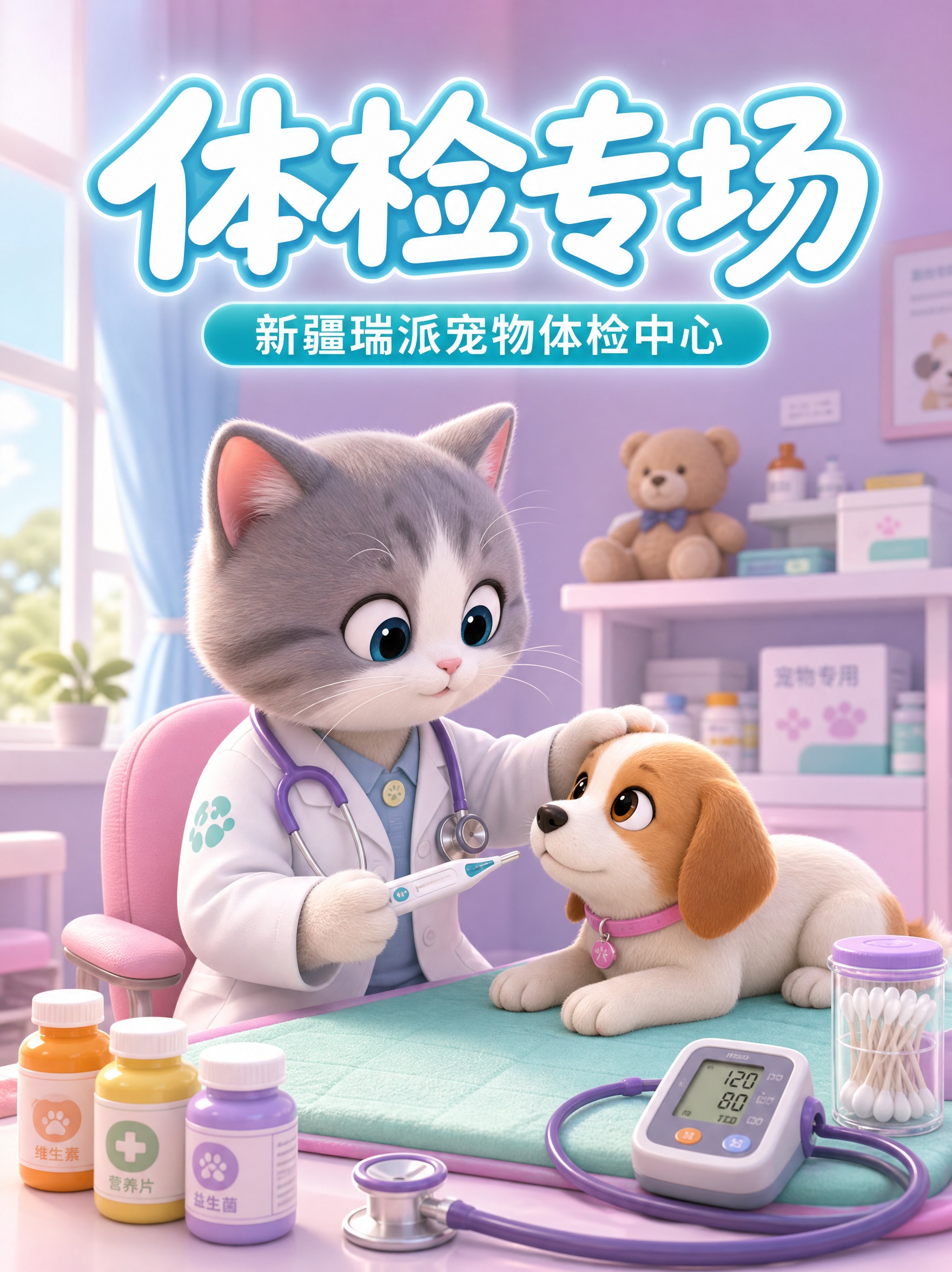 [主图-1] 猫咪医生为小狗做综合体检听诊的吸睛首图，展示宠物… - 图片创意预览