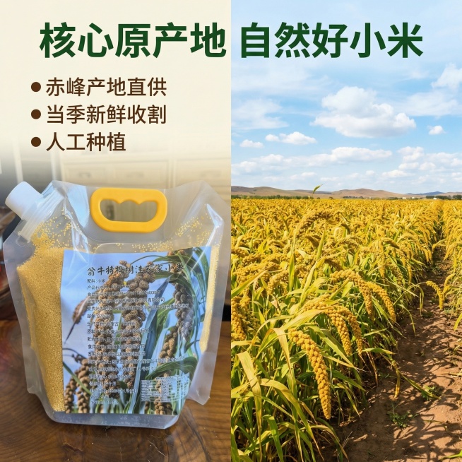 [主图 2] 
[主图主题] 核心产地溯源与品质展示
[氛围/风格] 自然田园风，真实原产地氛围
[画面元素] 袋装产品放在左侧，右侧拼接开阔的内蒙古赤峰小米稻田实景图，成熟的金黄小米穗在田野中随风摇预览效果