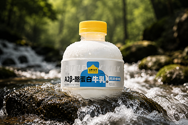 把A2β-酪蛋白牛乳产品放在小溪河流的石头上，有溪流划过产品，户外山林的环境，背景是虚焦的，突出产品，胶片质感