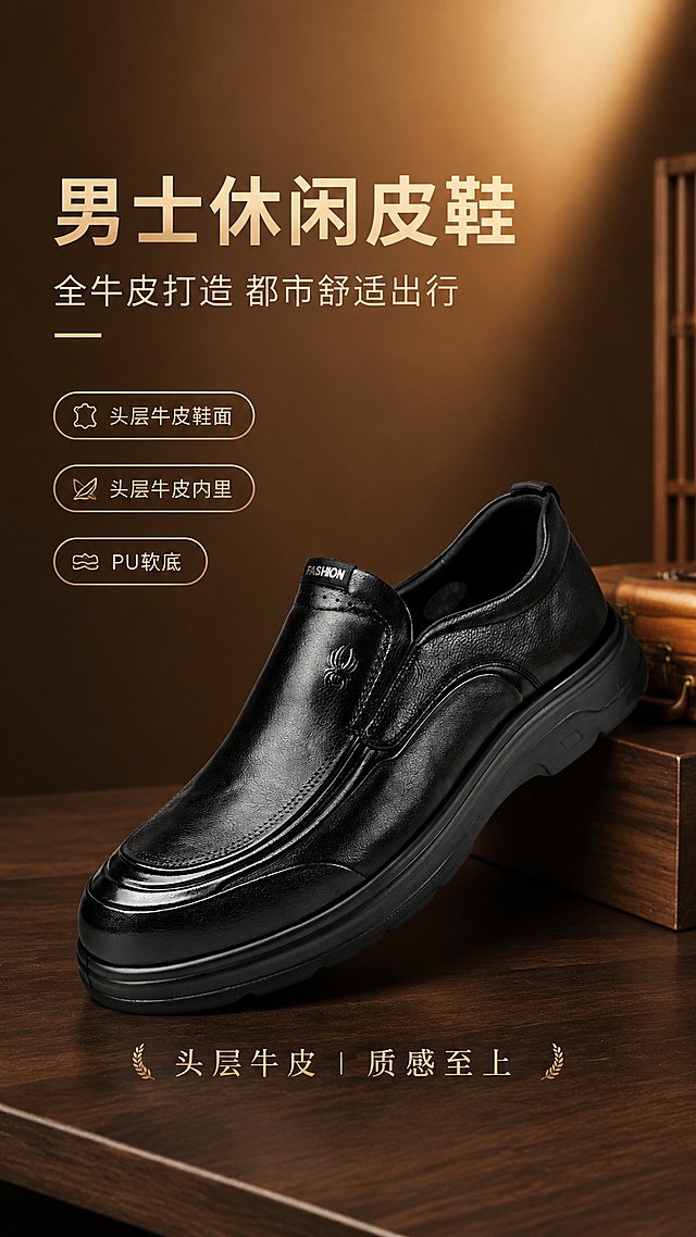 男士休闲皮鞋商品营销海报，9:16比例，暖色调都市休闲写实商业摄影风格，主标题"男士休闲皮鞋"，副标题"全牛皮打造 都市舒适出行"，卖点标签：头层牛皮鞋面，头层牛皮内里，PU软底，装饰文案"头层牛皮 | 质感至上"，展示图1套脚款男士皮鞋，100%还原图1皮鞋的外形、材质、LOGO、轮廓、结构比例，商品外观与上传图保持一致，皮鞋放在简约深色木质台面上，背景为暖棕色渐变极简场景，顶部自然光，侧前方柔光，整体暖调氛围，版式精美，四边留足安全边距，文字清晰可读，不遮挡皮鞋主体，商品主体占比60%，超高清4k画质