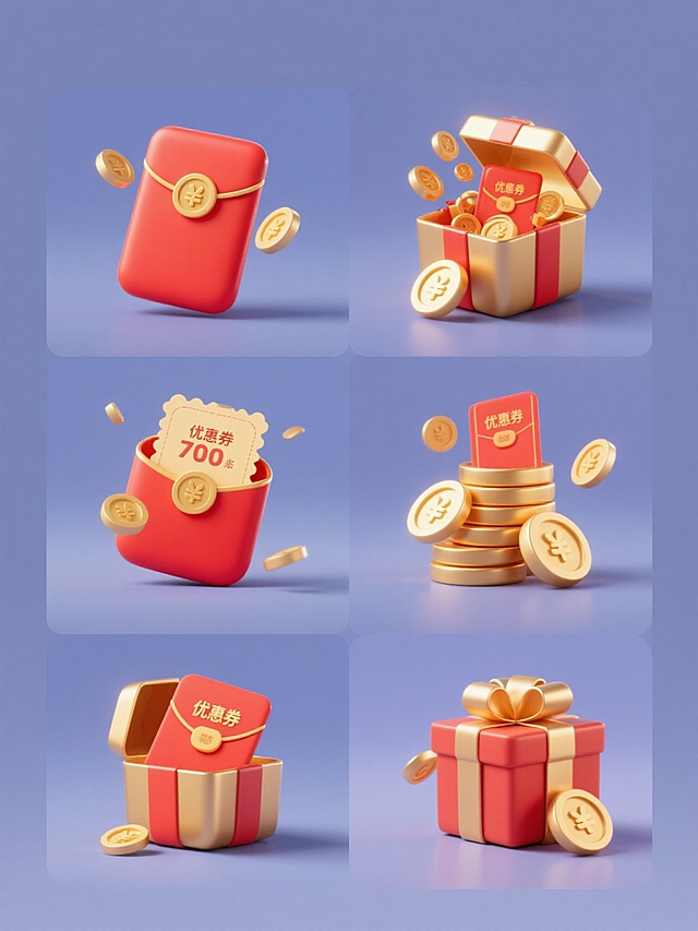 一套6张的系列素材集合，保持风格不变，每张素材均为规整排布的单一元素图案，改变红包和金币、礼物盒、优惠券等促销元素的结合方式，整体造型简约现代，用纯色背景，3D立体风格，主色调为金色和红色，光影明亮柔和，高光清晰，物体边缘光滑圆润，具有磨砂和金属光泽质感，构图居中对称，画面干净整洁，元素排布规整有序，单个画面中仅有一种主要促销元素与红包、金币以不同方式结合，如打开的礼物盒中涌出红包和金币，金币从红包中洒落，优惠券与红包金币堆叠，礼物盒与金币环绕红包等，所有元素造型简约现代，无复杂细节，纯色背景突出主体元素，整体氛围喜庆欢快，符合促销活动的视觉需求。