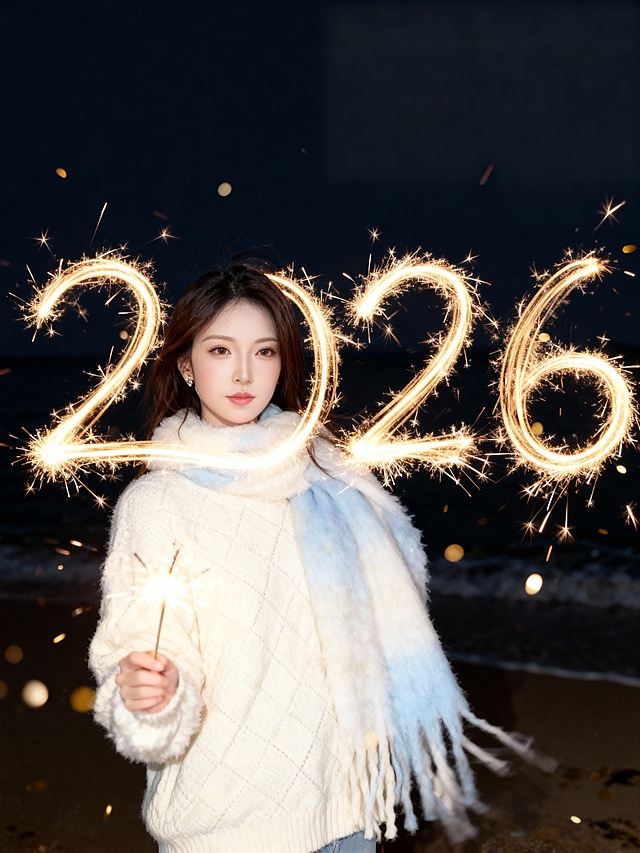梦幻光影交织，少女手持烟花勾勒“2026”，插画风与粒子光效融合，双重曝光营造超现实浪漫氛围，温馨喜庆中透出唯美年味。