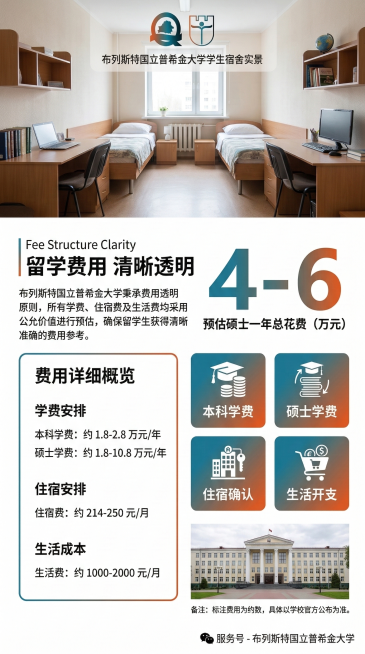布列斯特国立普希金大学学费与生活成本公众号长图，整体参考提供的维捷布斯克国立大学长图的版式设计，色调参考布列斯特国立大学logo的蓝橙渐变色调，顶部放学生宿舍实景图，标题为"留学费用 清晰透明"，内容预览效果