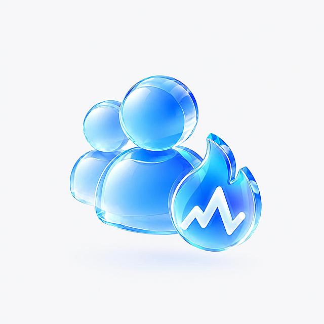 去掉图中底部的白色方形底座，只保留上方两个蓝色人形轮廓与火焰折线图图标（量化活跃用户），背景为干净的浅灰白色，主体悬浮，保留3D玻璃质感与高光，高质量3D渲染