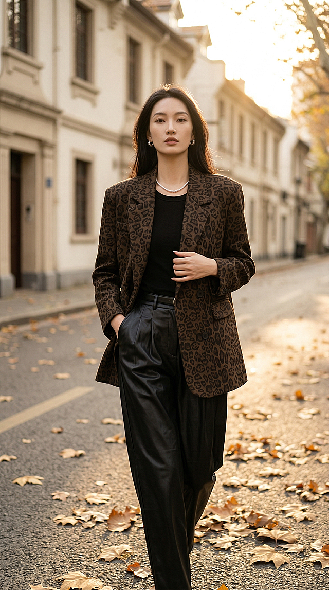 专业时尚胶片大片，全身人像，178cm清冷感亚裔超模，骨相立体流畅，淡颜系清透妆容，黑长直柔顺长发，慵懒松弛的高级气质，佩戴细款珍珠锁骨链、银色小巧耳钉，身穿图中豹纹西装、黑色内搭与黑色皮裤，模特侧身迈步走在街头，单手插在皮裤口袋，另一只手自然搭在西装翻领处，身体微微前倾，头侧转看向镜头，眼神慵懒随性，动态抓拍感，走路带风的自然姿态；场景为秋日午后的上海老洋房街头，道路两旁落满金黄梧桐叶，背景是复古法式米白色洋房建筑，暖金色夕阳逆光，发丝柔光，柔和电影感光影，浅景深焦外虚化，复古胶片色调，服装纹理清晰可见，细节拉满，时尚杂志质感