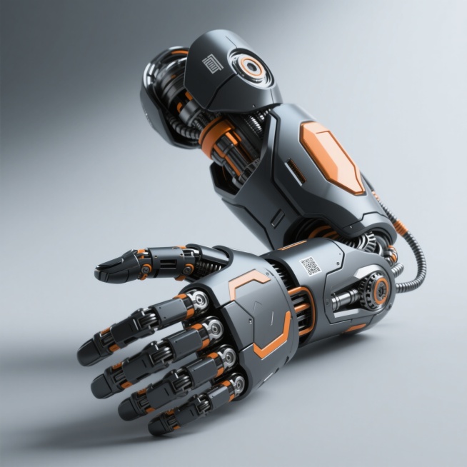高精度3D渲染机械臂设计图，未来科技感十足，采用深灰黑色金属主体搭配橙色点缀的装甲式结构，表面呈现光滑哑光与局部金属高光质感，关节处有精密的机械齿轮与液压管线细节，手掌与手指设计灵活且充满力量感，肘部与腕部有几何形装甲护片，整体造型兼具功能性与美学设计，背景为纯灰色渐变以突出主体，光线从斜上方照射形成柔和阴影与清晰的结构立体感，无任何文字、二维码及多余装饰元素。预览效果