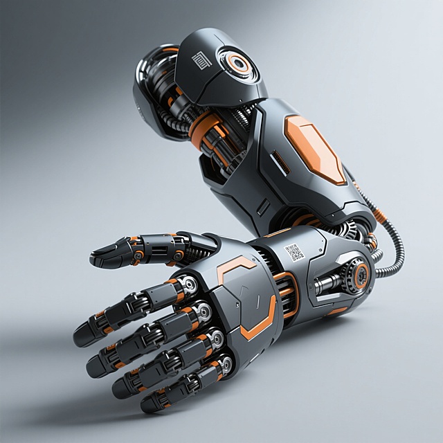 高精度3D渲染机械臂设计图，未来科技感十足，采用深灰黑色金属主体搭配橙色点缀的装甲式结构，表面呈现光滑哑光与局部金属高光质感，关节处有精密的机械齿轮与液压管线细节，手掌与手指设计灵活且充满力量感，肘部与腕部有几何形装甲护片，整体造型兼具功能性与美学设计，背景为纯灰色渐变以突出主体，光线从斜上方照射形成柔和阴影与清晰的结构立体感，无任何文字、二维码及多余装饰元素。