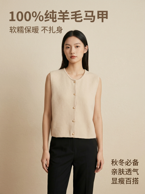 [主图1] 米色纯羊毛无袖针织开衫马甲主图，整体风格高级简约，柔和棚拍时尚摄影光影。一位亚洲年轻女性模特穿着这件米色针织马甲，自然站立，模特的下装为简约黑色直筒裤，保持统一。模特位于画面中心占比适中，预览效果
