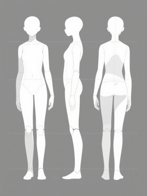 灰色纯色背景上的动漫风格人物三视图，正面、背面和侧面站立姿态，简洁的白色线条勾勒身体轮廓，柔和的阴影处理表现立体感，关节处有细微的虚线标记，整体呈现出干净、专业的角色设计稿风格，线条流畅，比例协调，无任何文字或logo元素。预览效果