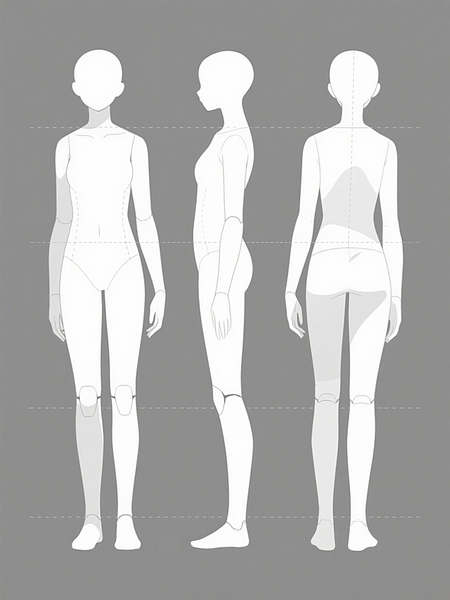 灰色纯色背景上的动漫风格人物三视图，正面、背面和侧面站立姿态，简洁的白色线条勾勒身体轮廓，柔和的阴影处理表现立体感，关节处有细微的虚线标记，整体呈现出干净、专业的角色设计稿风格，线条流畅，比例协调，无任何文字或logo元素。