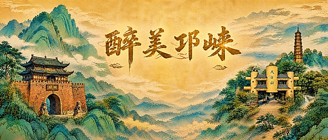 基于参考图，将图片调整为3663×730像素尺寸。保留画面核心内容：中间是"醉美邛崃"四个金色大字，左侧是邛州城门楼和山峰，右侧是天台山山门、迴澜塔和山峰，背景是金色祥云和青绿山水。保持国潮国风插画风格，画面元素完整、构图协调。