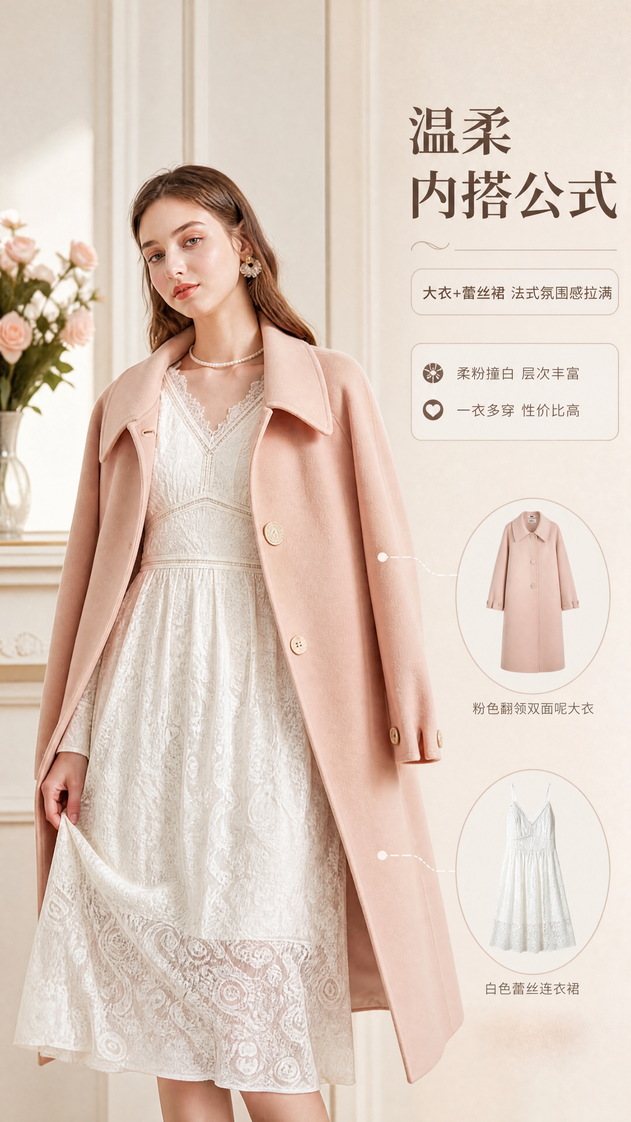 [商品] 使用【图1】粉色中长款翻领双面呢大衣+白色蕾丝连衣裙… - 图片创意预览