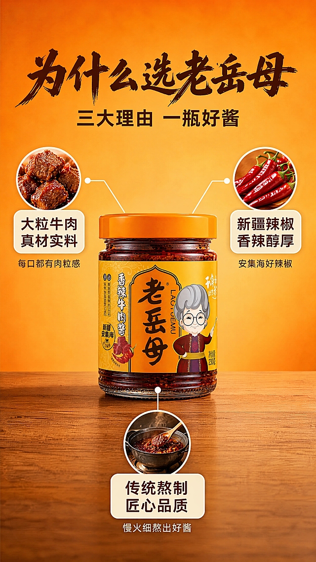 [第7张] 详情页卖点拆解-三大核心理由中心引线型。本张使用【图1】作为产品主体，保持瓶身外观一致。
[氛围/风格] 简洁品质感+信息清晰，暖橙背景，商业海报风格。
[元素布局] 画面正中央放置老岳母香辣牛肉酱瓶身（占比约40%），正面朝向观众；从瓶身向四周引出三条引线，分别指向三个卖点区域：左上「真材实料」配牛肉粒小图标，右上「产地好料」配辣椒小图标，下方「传统工艺」配铁锅小图标；背景是暖橙色渐变，底部有细微木纹台面。
[光影质感] 正面柔光照明，瓶身玻璃有高光，标签清晰，整体干净明亮，产品立体有质感。
[配色色系] 全局底色 #FFB347 暖橙渐变；主色橙黄+酱红；辅助色深棕文字、白色信息块。
[视角构图] 中心产品对称构图，三卖点环绕分布，阅读动线顶部标题 → 中心产品 → 三引线卖点依次阅读。
[文字版式] 顶部主标题书法体「为什么选老岳母」，副标题黑体「三大理由 一瓶好酱」；三个卖点各有标题+简短说明：左上「大粒牛肉 真材实料」配说明「每口都有肉粒感」，右上「新疆辣椒 香辣醇厚」配说明「安集海好辣椒」，下方「传统熬制 匠心品质」配说明「慢火细熬出好酱」；字色为深棕+白色；标题字效为书法体。
[比例分辨率] 9:16 竖版比例，4K 分辨率，文字清晰可辨，高清画质。
[负向提示词] 瓶身变形，引线混乱，文字过小，水印，颜色偏差，卖点不清晰。