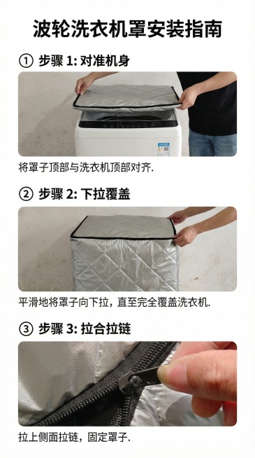 9:16比例波轮洗衣机罩安装步骤图，纵向分三步展示“对准机身”“下拉覆盖”“拉合拉链”，每步搭配清晰图片和简洁文字说明，排版直观易懂，适配移动端操作指引预览效果