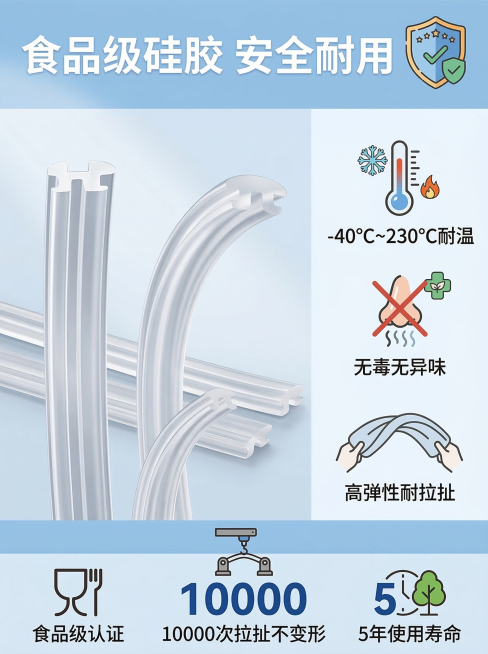 硅胶条卖点详情图，三分区布局，顶部20%为标题区，浅蓝渐变背景，白色粗体标题“食品级硅胶 安全耐用”，搭配安全认证盾牌图标；中部60%为卖点展示区，左侧展示硅胶条产品，右侧分三列列出核心卖点：“-40预览效果