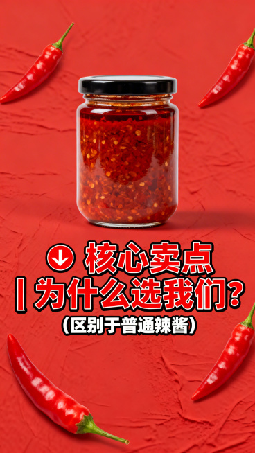 红色简约背景，中间放1瓶原味辣椒酱，正面特写，周围点缀3-4颗新鲜红辣椒，无多余杂物。文案：居中"✅ 核心卖点｜为什么选我们？（区别于普通辣酱）"，字体加粗加粗，红色为主、黑色描边，字体较大，醒目突出预览效果