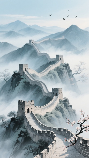 中国长城蜿蜒于青山之巅，整体呈现水墨写意风格，以青灰色为主色调，远山如黛，云雾缭绕，天空呈现淡蓝色，点缀着几只飞鸟，营造出宁静悠远的氛围，长城的砖石纹理清晰可见，烽火台错落有致，展现出古朴庄重的历史感，背景中加入淡雅的梅花元素，增添一丝诗意与生机。预览效果