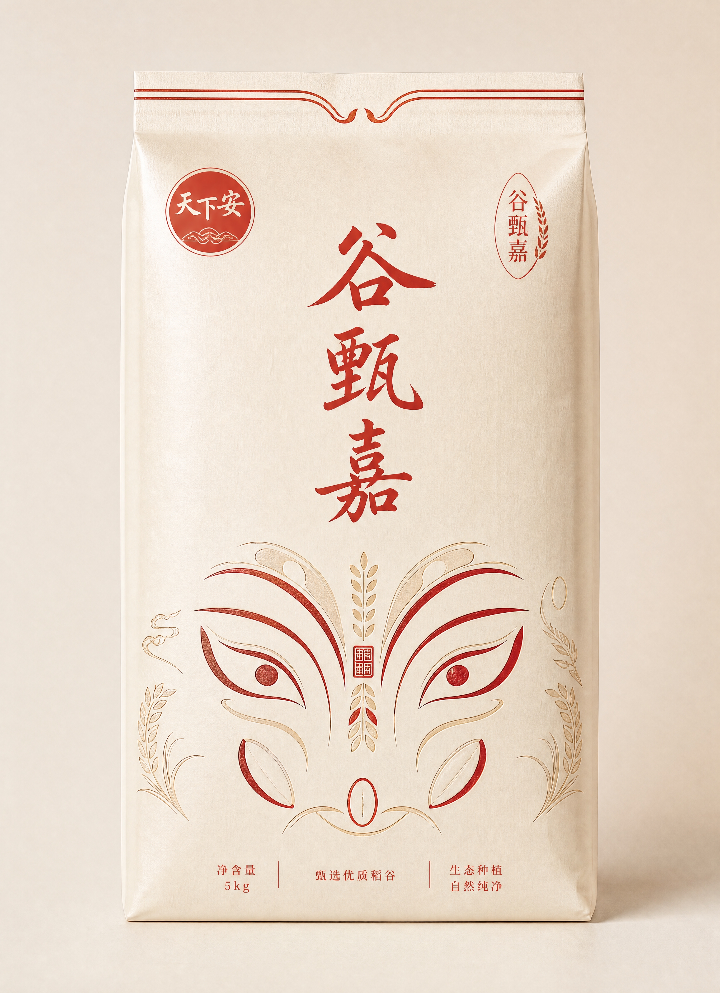 一款高端大米包装袋设计，正面视图，国潮简约风格。主色调为米白色… - 图片创意预览