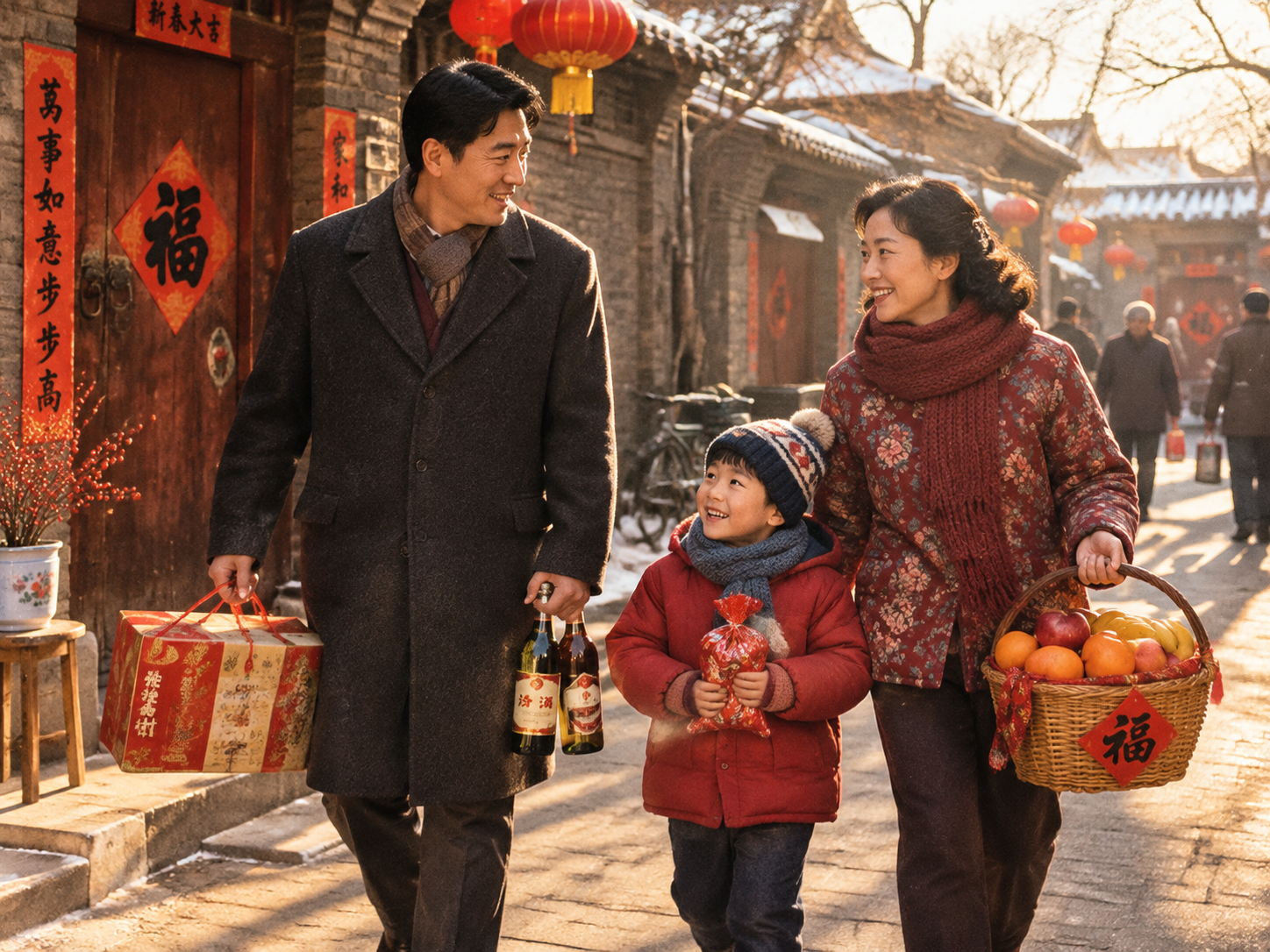 八九十年代中国春节期间，一家三口走亲戚的温馨场景。父亲穿着深色… - 图片创意预览