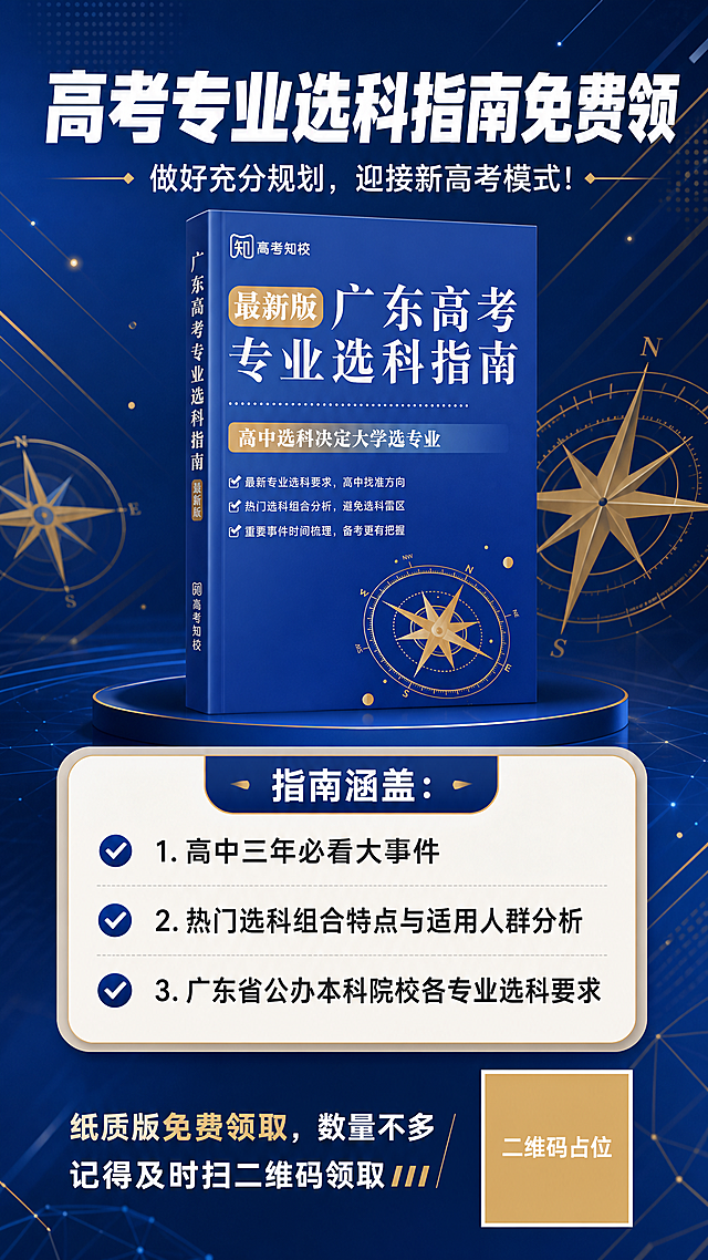 高考选科指南招生海报，专业商务蓝风格，9:16竖版。画面中央偏上位置展示上传的广东高考专业选科指南书籍实物图，书籍立放呈现，清晰完整。顶部大标题文字："高考专业选科指南免费领"，白色粗体大字，醒目突出。标题下方副标题："做好充分规划，迎接新高考模式!"，白色中等字号。中部信息卡片区域，白底圆角卡片，标题为"指南涵盖："，下方三条要点带对勾图标：1."高中三年必看大事件" 2."热门选科组合特点与适用人群分析" 3."广东省公办本科院校各专业选科要求"。底部区域有醒目的领取引导文字："纸质版免费领取，数量不多 记得及时扫二维码领取"，配一个纯色方块二维码占位符，方块中央标注"二维码占位"文字。背景为深蓝渐变，搭配金色罗盘、几何线条装饰元素，整体专业、权威、大气，版式精美，层次分明，2K高清画质。画面中所有信息区域必须填充完整合理的内容，不得出现空白框、空白占位、横线待填写区域、空列表项、空单元格。画面中所有二维码区域使用纯色方块占位符呈现，方块中央标注"二维码占位"文字，严禁生成任何可识别的二维码图案。