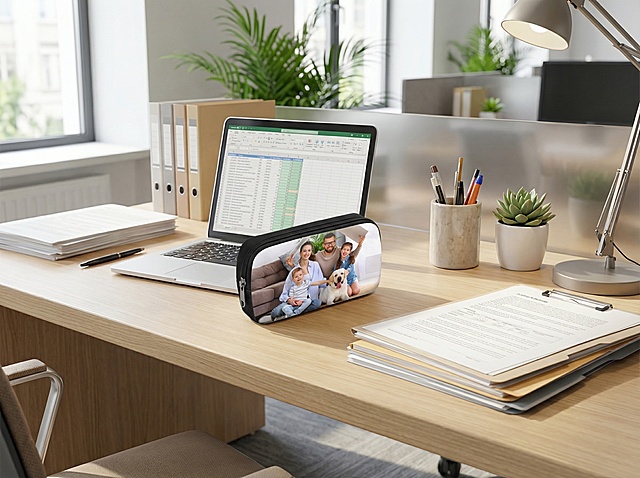 在不改变产品外观、细节、颜色及角度的前提下，请把这个笔袋放在公司办公桌上。