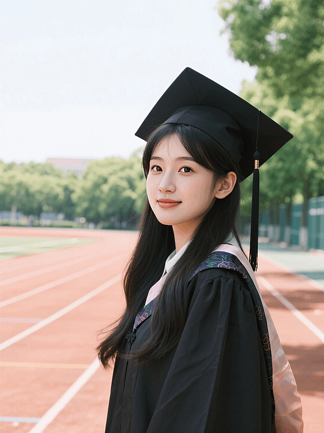 女生，正面毕业照，穿着学士服，戴着学士帽，背景是校园操场跑道