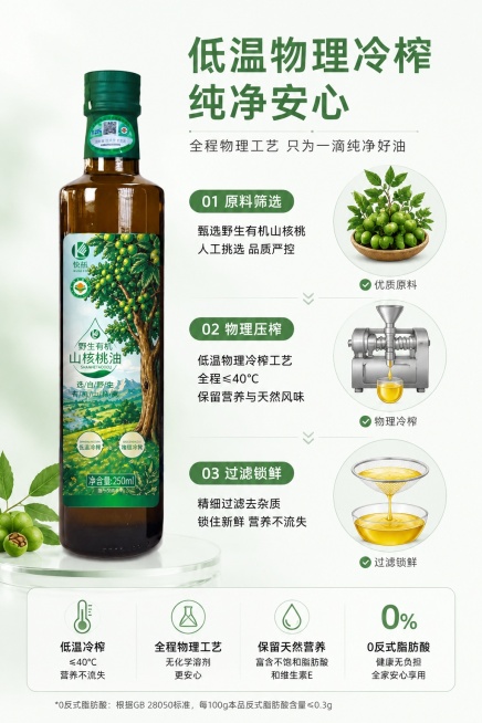 [第3屏] 工艺优势解析，快砳野生有机山核桃油，介绍低温物理冷榨工艺。
本屏使用【图1】作为商品主体展示。
[氛围/风格] 专业干净科技感，冷调干净视觉，食品科普风格，清晰直观。
[元素布局] 产品位预览效果