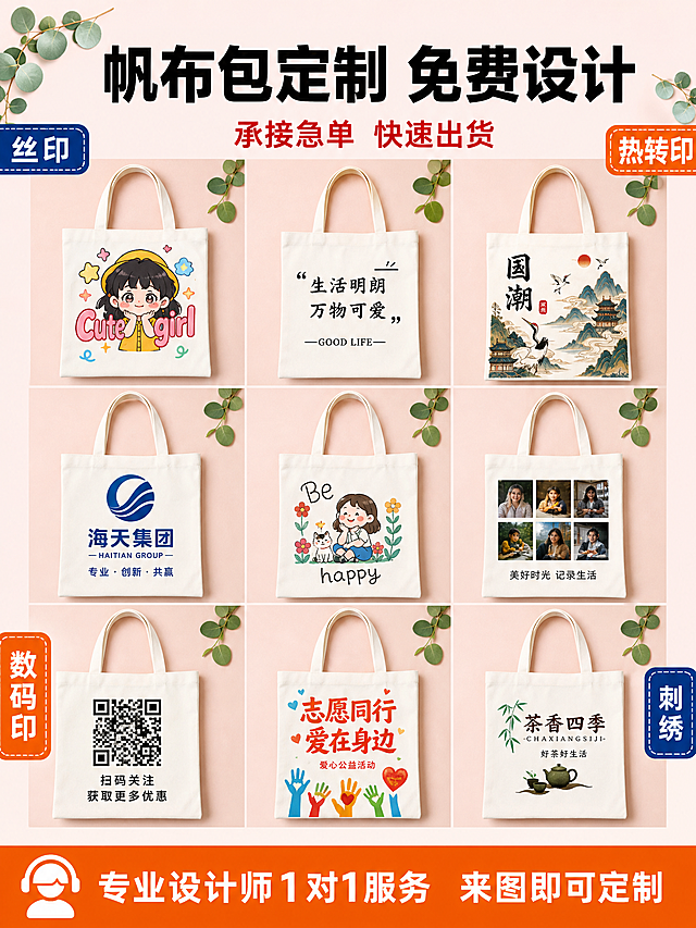 [第7张] 定制案例展示-多种印刷效果参考。本张使用【图4】作为多款式定制案例参考风格，【图1】作为基础袋型。
[氛围/风格] 1688 B端源头工厂风，案例展示风，丰富多样，橙蓝点缀，实力展示。
[元素布局] 画面采用九宫格布局展示九款不同印刷风格的定制帆布袋，每款图案风格各异：卡通动漫风、简约文字风、国潮风、企业LOGO风、手绘插画风、照片印刷风、二维码风、活动主题风、品牌宣传风；所有袋子都保持原图的帆布材质、米白色、方形袋型和提手结构，仅印刷图案不同；背景为浅粉色质感，点缀绿色尤加利叶。
[光影质感] 均匀柔和顶光，每个袋子平整展示，帆布纹理清晰，印刷效果真实，整体干净整洁有展示感。
[配色色系] 全局底色浅粉色#FAF0F0；主色橙色#FF7A00+深蓝色#1E40AF；辅助色米白帆布、绿色植物、各色印刷图案。
[视角构图] 九宫格俯视平铺，阅读动线顶部标题→九宫格案例→底部说明。
[标题版式] 中央上方黑色粗黑体主标题，下方红色副标题，居中对齐，突出免费设计卖点。
[文字版式] 中央主标题「帆布包定制 免费设计」，副标题「承接急单 快速出货」；底部橙色信息条白色文字「专业设计师1对1服务 来图即可定制」；四周小标签标注不同工艺「丝印」「热转印」「数码印」「刺绣」。
[比例分辨率] 3:4竖版比例，4K分辨率，文字清晰可辨，高清画质。
[负向提示词] 袋身变形，印刷模糊，颜色偏差，水印，文字错乱，产品图模糊。