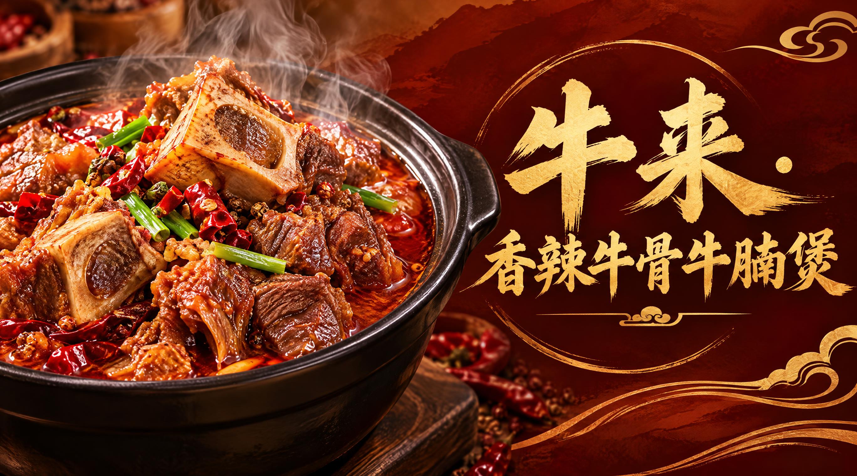 餐饮店铺店招设计，写真美食风格，左侧是诱人的香辣牛骨牛腩煲特写… - 图片创意预览
