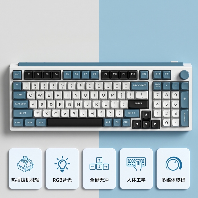 [主图 2] JK980三模机械键盘核心卖点展示
[氛围风格] 活力感极简拼接色青春风，科技清爽
[画质] 商业摄影质感、光线柔和通透、产品清晰真实、画面干净高级。
[元素] 保留JK980三模机械键预览效果