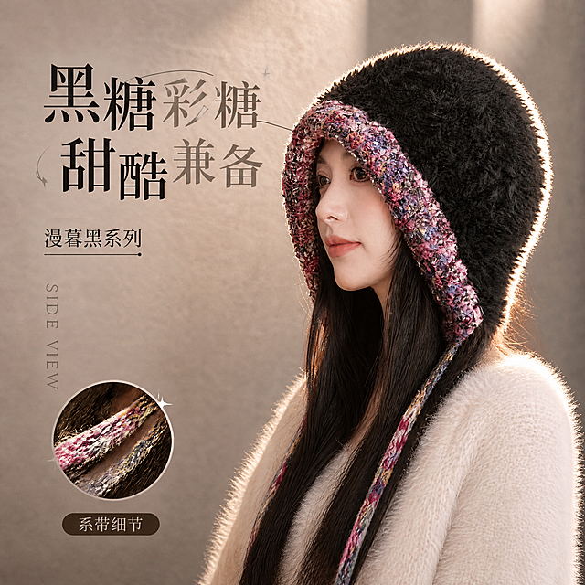 [主图-2] 漫暮黑系列毛绒护耳帽 侧面上头效果展示
[氛围风格] 高级质感秋冬氛围 甜酷风格 暖调光影 1688工厂品质感
[画质] 商业摄影质感 光线柔和有层次 产品清晰真实 毛绒材质细节丰富 画面干净高级
[元素] 同一位年轻亚洲女性模特 长发微卷 妆容精致 身穿米白色软糯毛衣 侧面朝向镜头 展示漫暮黑系列毛绒护耳帽 帽子主体为黑色毛绒材质 帽檐和系带为粉紫彩色混纺针织包边 两条系带自然垂落 完整呈现帽型侧面轮廓 帽深 帽顶结构和贴合度 人物胸部以上近景 包含完整肩部 背景为暖灰色肌理墙面 带有柔和光影投射 左下角有圆形小插图放大展示系带细节纹理 保持帽子外观（即物理结构 材质质感 颜色）与输入产品图一致 杜绝任何变形和色差 精细化处理 商品主体占比约65% 画面满屏无边框 人物头部不顶边
[光影] 侧后方逆光勾勒帽子毛绒轮廓 主光从侧前方柔和补光 形成明暗对比 突出毛绒质感和帽型线条 暖色调光影 氛围感强 暗部有细节 高光柔和不刺眼
[配色] 主色漫暮黑+暖灰背景 辅色粉紫彩色混纺包边 强调色暖金轮廓光 整体高级甜酷
[视角构图] 侧面视角 胸部以上近景 平视微仰 景深中等 背景虚化突出帽子侧面轮廓
[文字版式] 左上方竖排文字区域 大字主标题"黑糖彩糖 甜酷兼备" 黑色粗体大号 其中"黑糖""甜酷"为实色粗体 "彩糖""兼备"为浅灰色细体 形成对比 下方小字"漫暮黑系列" 黑色中号 配短横线装饰 左下角圆形插图下方标注"系带细节" 深棕色圆角矩形底白字 文字清晰可读 不遮挡人脸和帽子主体
[输出要求] 1:1比例 文字清晰锐利 超高清商业摄影质感
[负向提示词] 变形 文字错乱 产品图模糊 背景杂乱 水印 电商平台Logo 多余的手 多余的手指 畸形手 融合手指 手部扭曲 肢体穿模 人物面部扭曲 关节反折 头部裁切 帽顶裁切