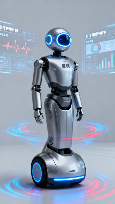 海报生成提示词：以银灰冷冽金属材质的 “启明” AI 机器人为核心 —— 圆润头部嵌亮蓝环饰眼灯，肢体关节利落，单轮底座嵌蓝灯带；浅灰极简背景衬底，周身漾开蓝红波纹光效。背景全息屏作产品概念图区域：左预览效果