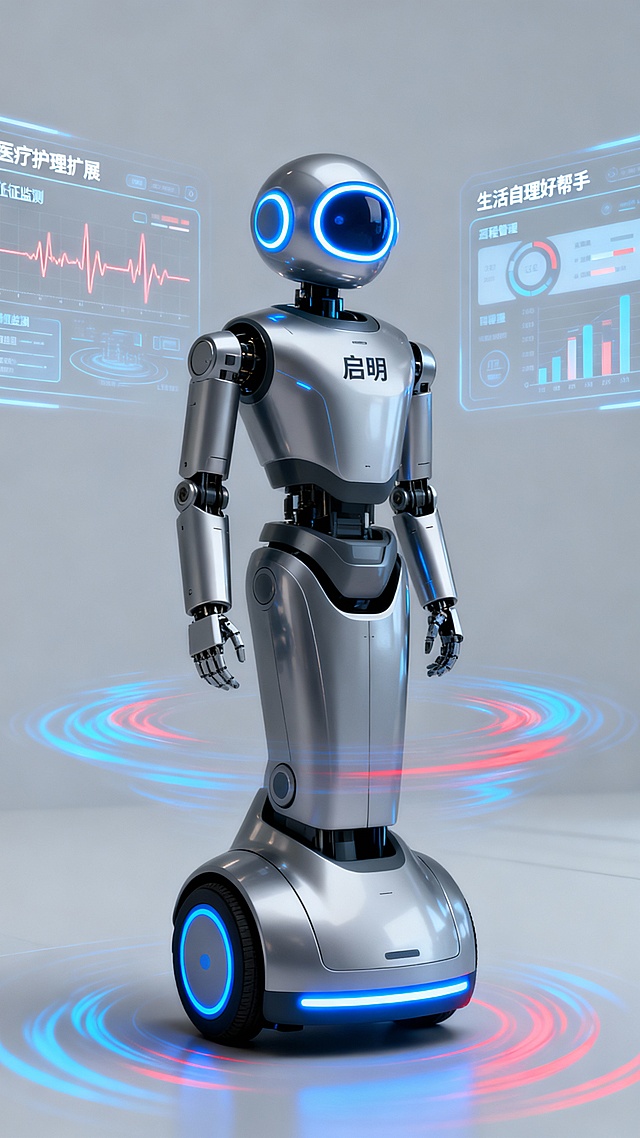 海报生成提示词：以银灰冷冽金属材质的 “启明” AI 机器人为核心 —— 圆润头部嵌亮蓝环饰眼灯，肢体关节利落，单轮底座嵌蓝灯带；浅灰极简背景衬底，周身漾开蓝红波纹光效。背景全息屏作产品概念图区域：左侧显 “医疗护理扩展”（配体征监测波形），右侧展 “生活自理好帮手”（配日程管理图表），冷调科技感拉满。