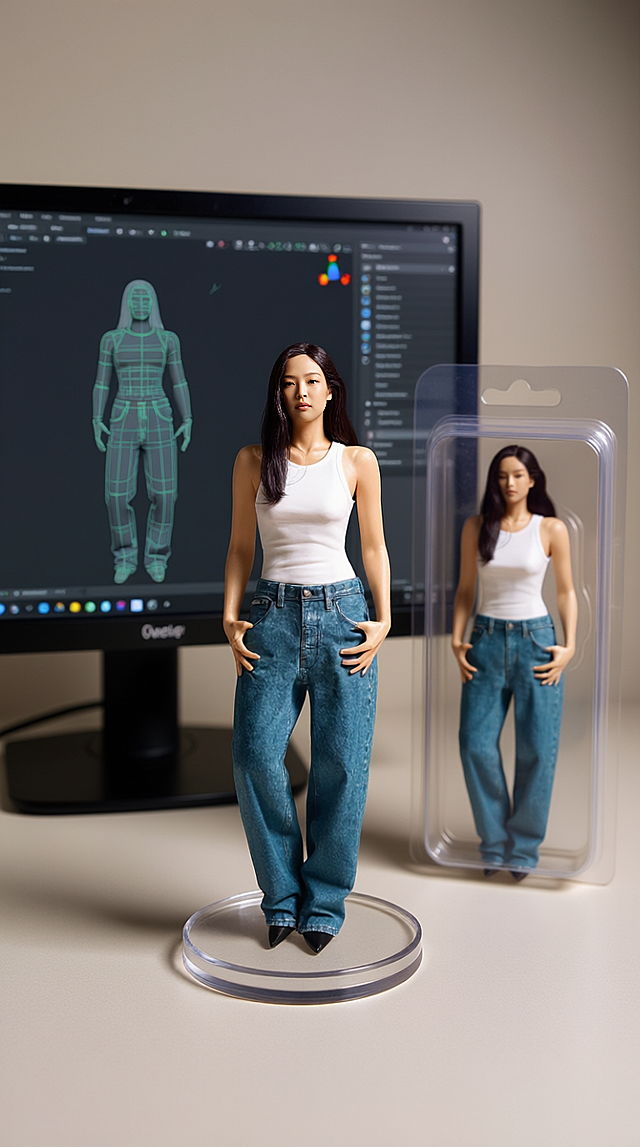 科技感十足的3D虚拟现实人偶，简约塑料风设计，未来感屏幕背景。
