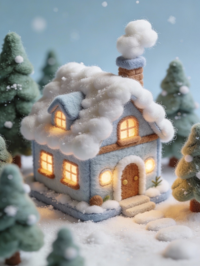 一座完全由软毛毡和天鹅绒材料制成的微型冬日小屋，屋顶覆盖着棉花般的积雪，温暖的灯光从窗户透出，周围环绕着毛绒绒的松树，等轴测视图，立体场景，盲盒玩具风格，C4D，黏土渲染，柔和色彩，柔和边缘，可爱治愈，杰作，最佳品质