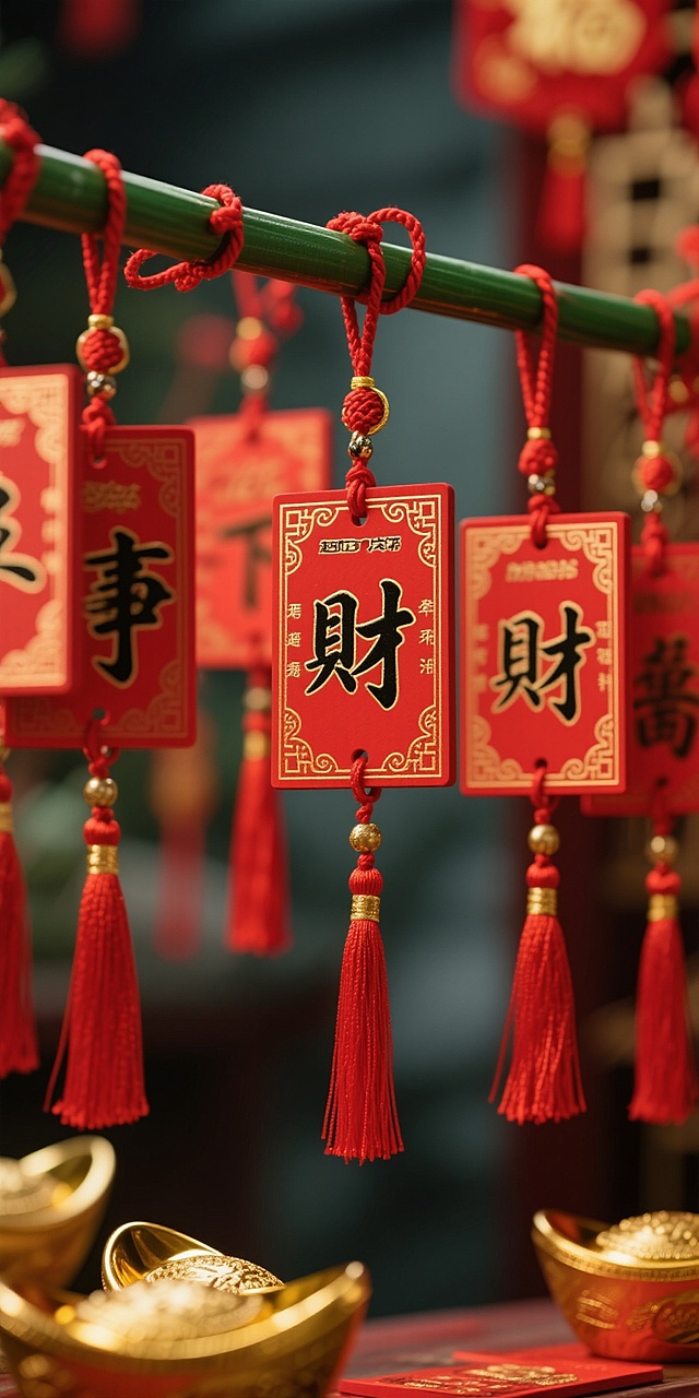 国潮风中式挂饰，鎏金元宝与红绳福牌交织，重拟物设计彰显喜庆复古质感，金属光泽点缀节日氛围。