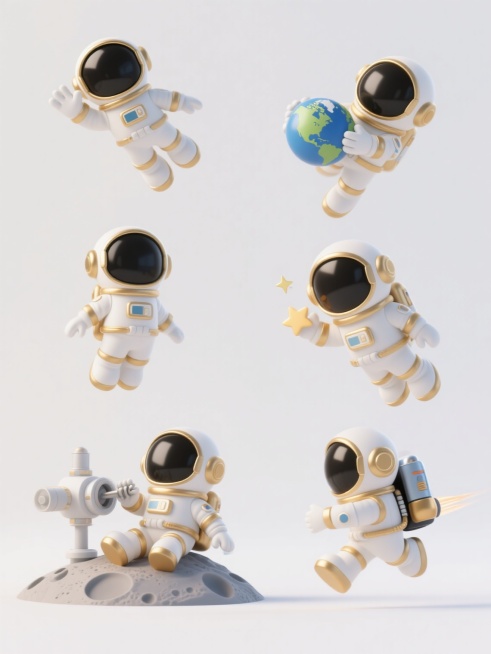 白色背景上，六个不同动态和场景的Q版宇航员3D渲染插画规整排布，保持统一的3D卡通风格，宇航员主体为白色宇航服搭配金色细节和黑色头盔面罩，每个宇航员分别进行不同活动：1. 漂浮并挥手致意，2. 手持地球模型，3. 坐在月球表面，4. 与星星互动，5. 修理空间站设备，6. 背着喷气背包飞行，整体构图均衡，每个宇航员造型圆润可爱，材质表现细腻有光泽，光影过渡自然，营造出欢乐友好的太空探索氛围预览效果